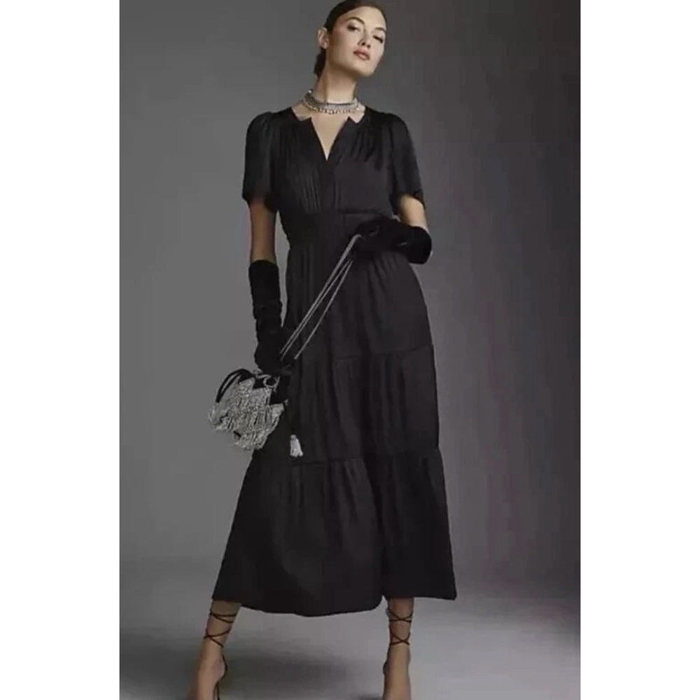 Anthropologie The Somerset Black Satin Maxi Dress Size S $170